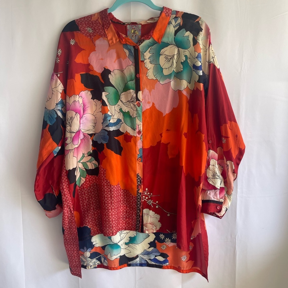 Johnny Was Floral Silk Button-Up Blouse in Red, Orange, Green, Pink - Picture 2 of 10